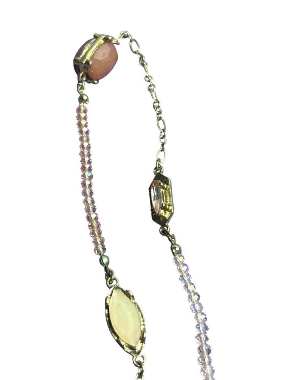 Charming Charlie Pink Faceted Glass Beaded Necklace Goldtone Chain Rhinestones